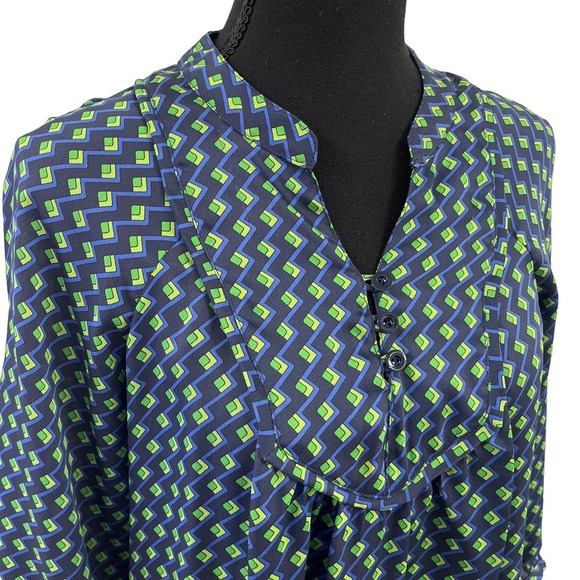 Shoshanna Navy Green Geometric Print Button 3/4 Sleeve Top 0 - Picture 3 of 5